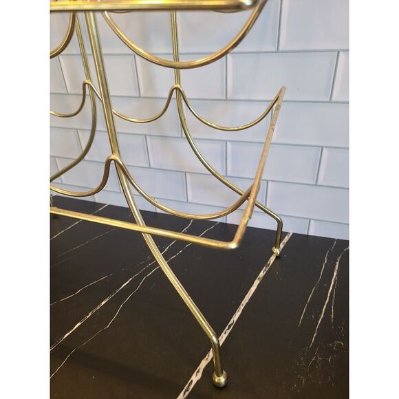 Vintage Gold Brass Wine Rack 9 Bottle Liquor Holder Bar Caddy w Handle MCM Retro - Picture 12 of 12